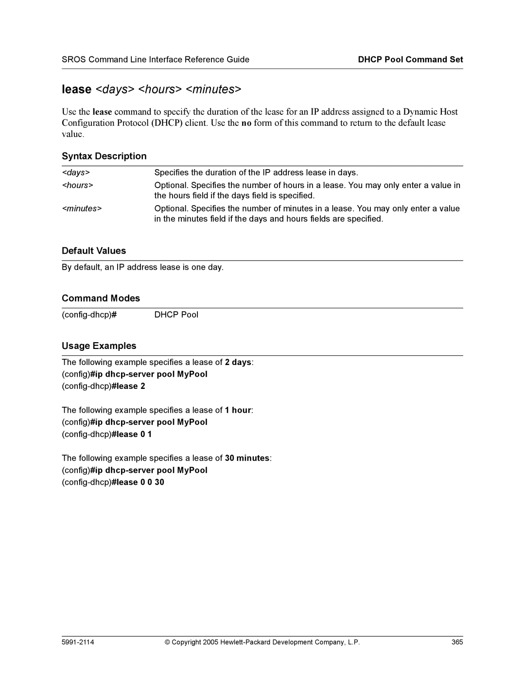 HP 7000 dl Router manual Lease days hours minutes, Config#ip dhcp-server pool MyPool config-dhcp#lease 