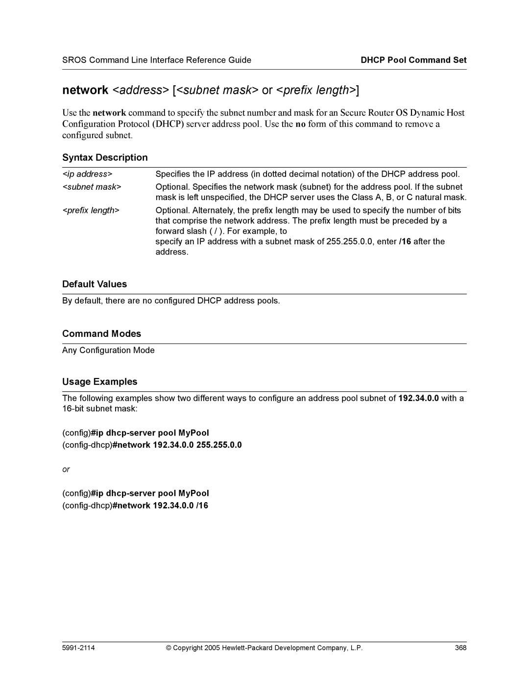 HP 7000 dl Router manual Network address subnet mask or prefix length 