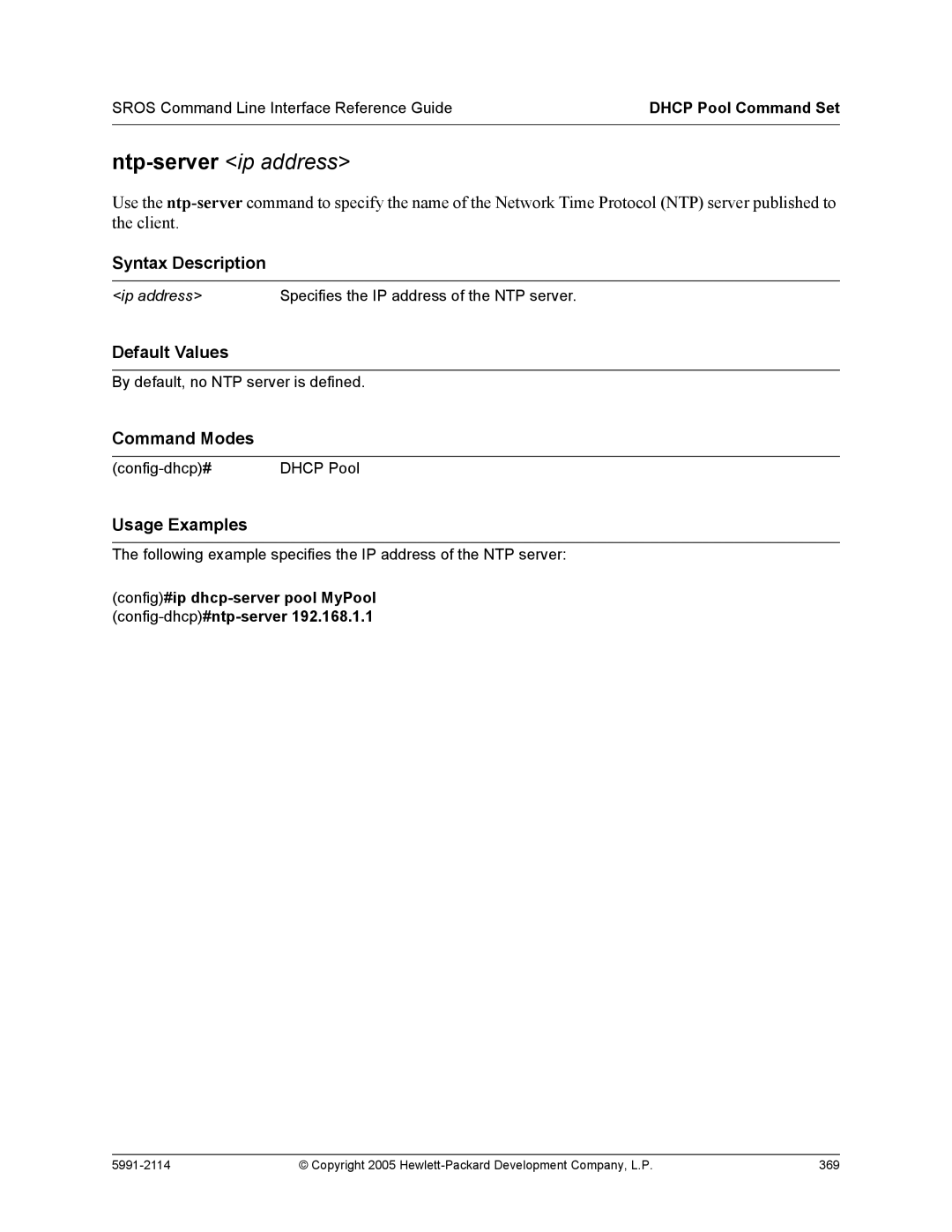 HP 7000 dl Router manual Ntp-serverip address, Config#ip dhcp-server pool MyPool config-dhcp#ntp-server 