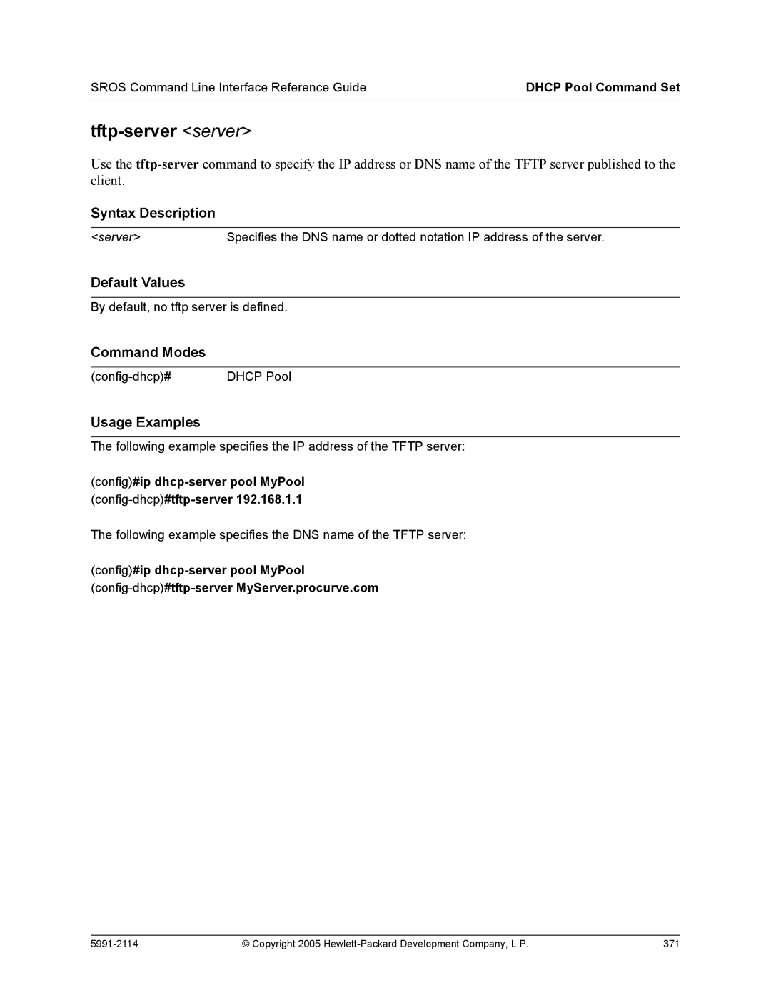 HP 7000 dl Router manual Tftp-server server, Config#ip dhcp-server pool MyPool config-dhcp#tftp-server 