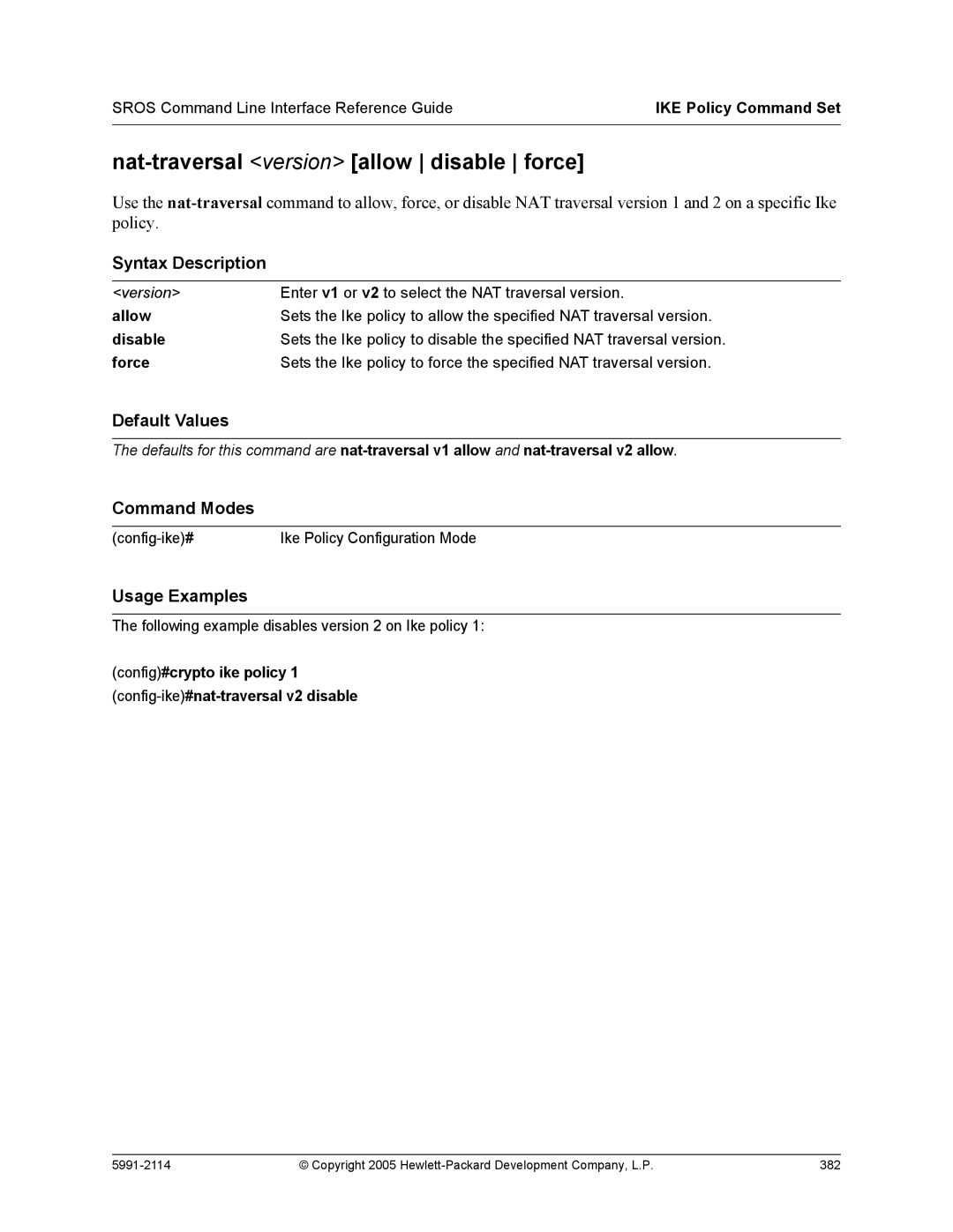 HP 7000 dl Router manual Nat-traversal version allow disable force, Following example disables version 2 on Ike policy 