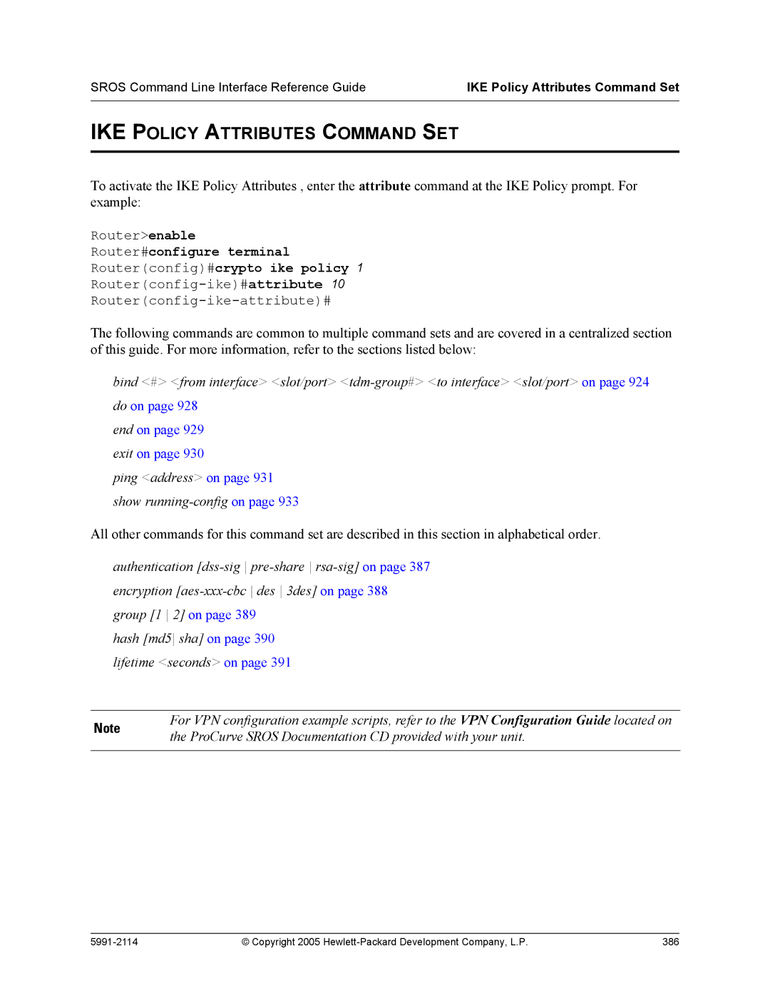 HP 7000 dl Router manual IKE Policy Attributes Command SET, IKE Policy Attributes Command Set 