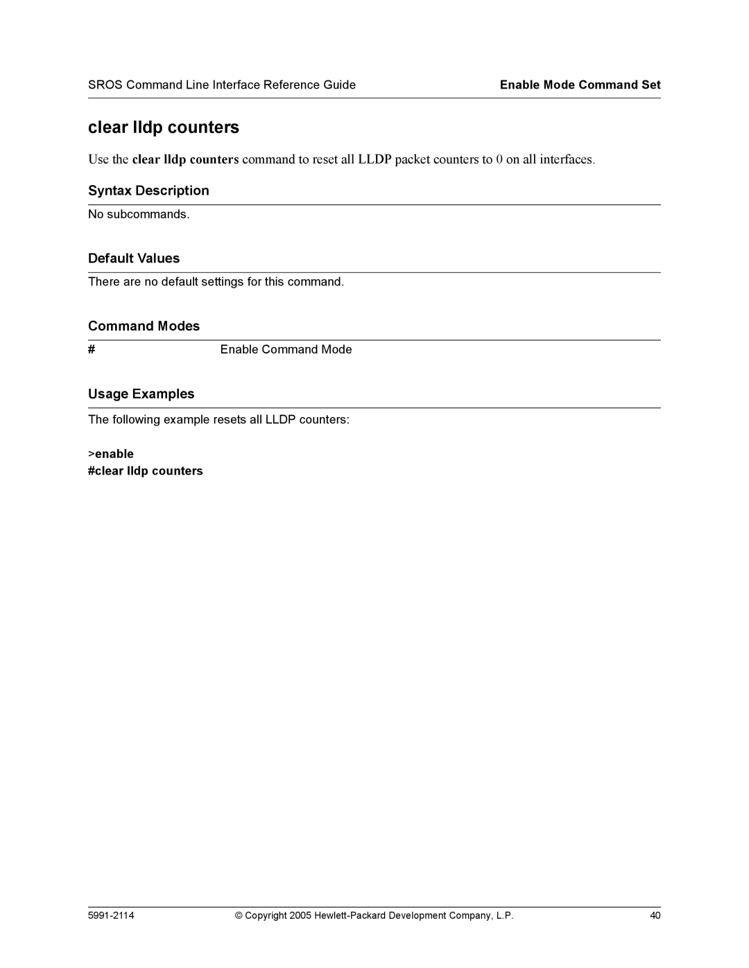 HP 7000 dl Router manual Clear lldp counters, Enable #clear lldp counters 