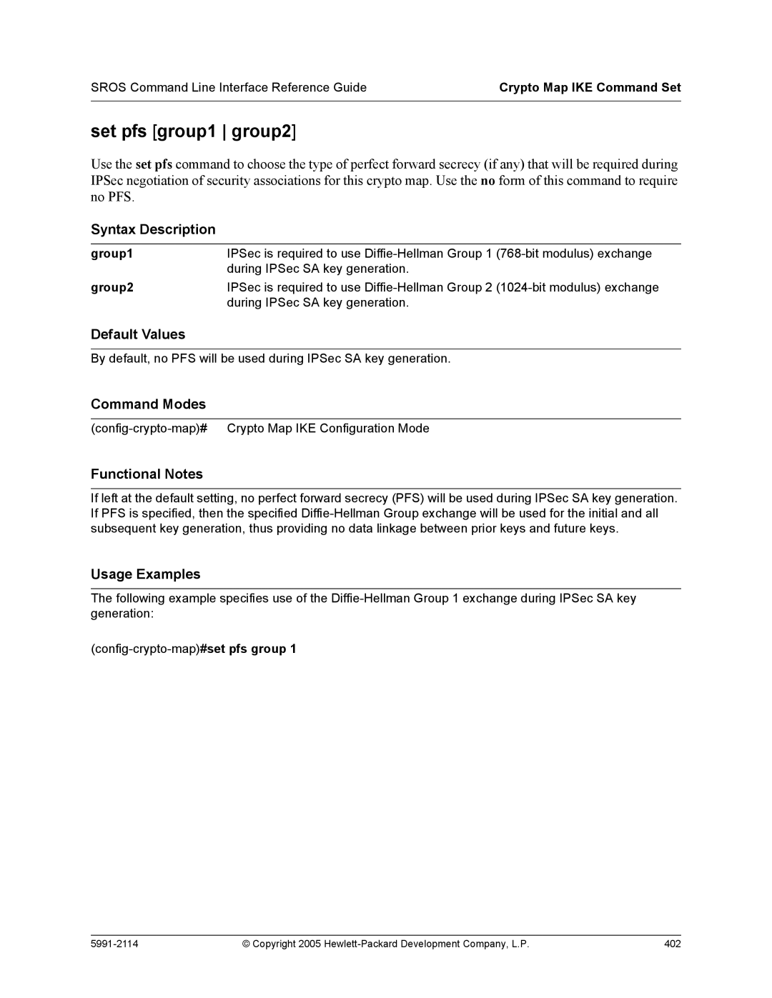 HP 7000 dl Router manual Set pfs group1 group2, Group1, Group2 