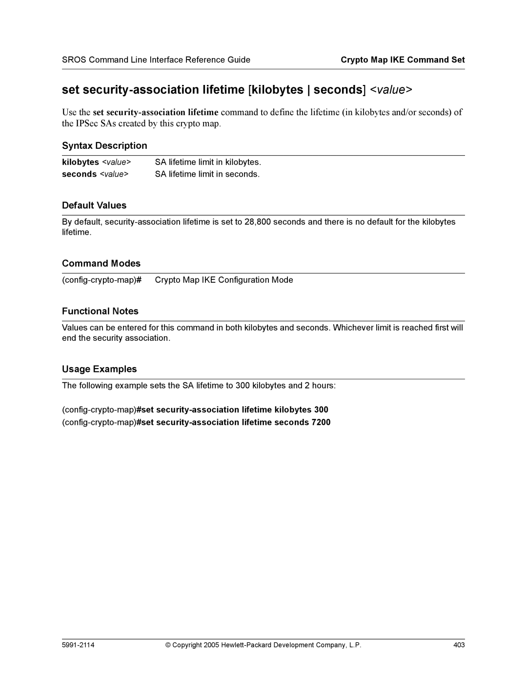 HP 7000 dl Router manual Set security-association lifetime kilobytes seconds value 