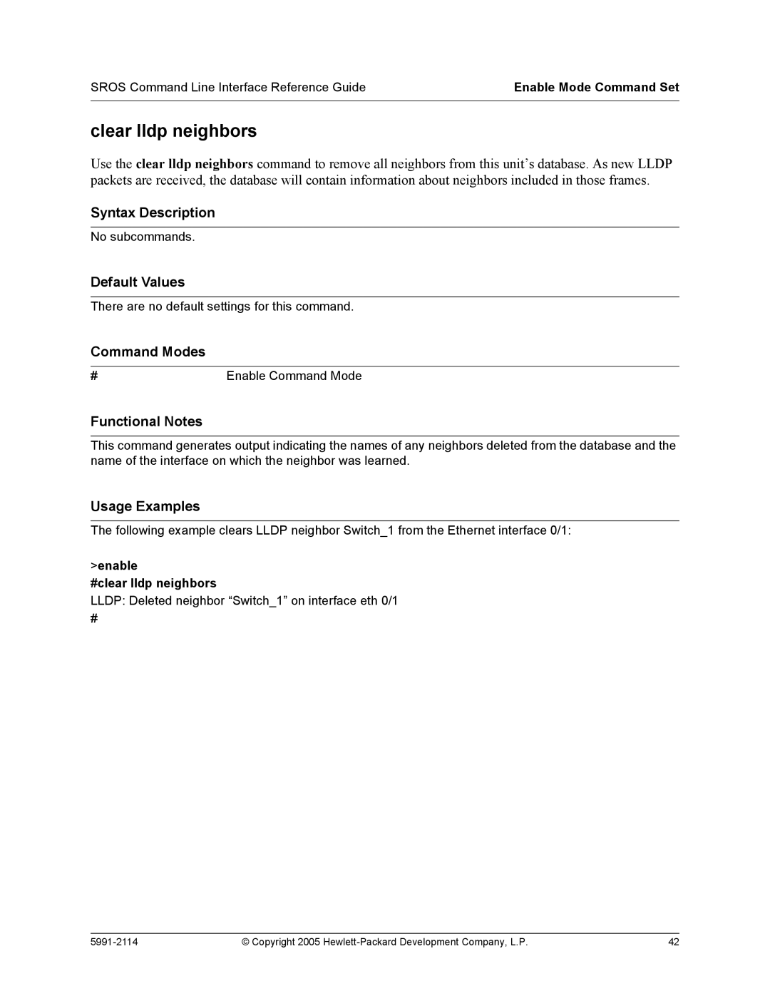 HP 7000 dl Router manual Clear lldp neighbors, Enable #clear lldp neighbors 