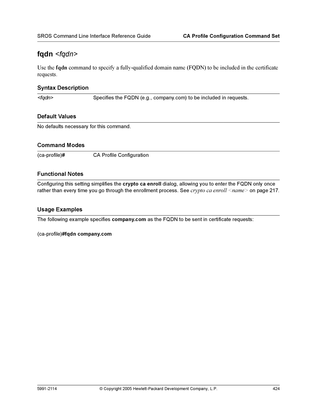 HP 7000 dl Router manual Fqdn fqdn, Ca-profile#fqdn company.com 