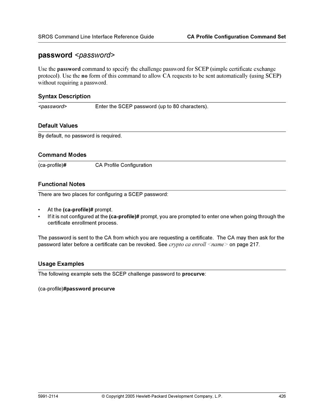 HP 7000 dl Router manual Password password, Ca-profile#password procurve 