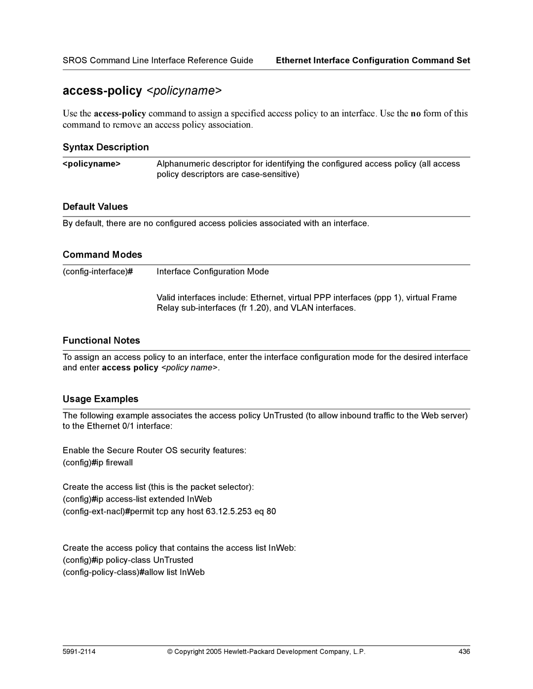 HP 7000 dl Router manual Access-policy policyname, Policyname 