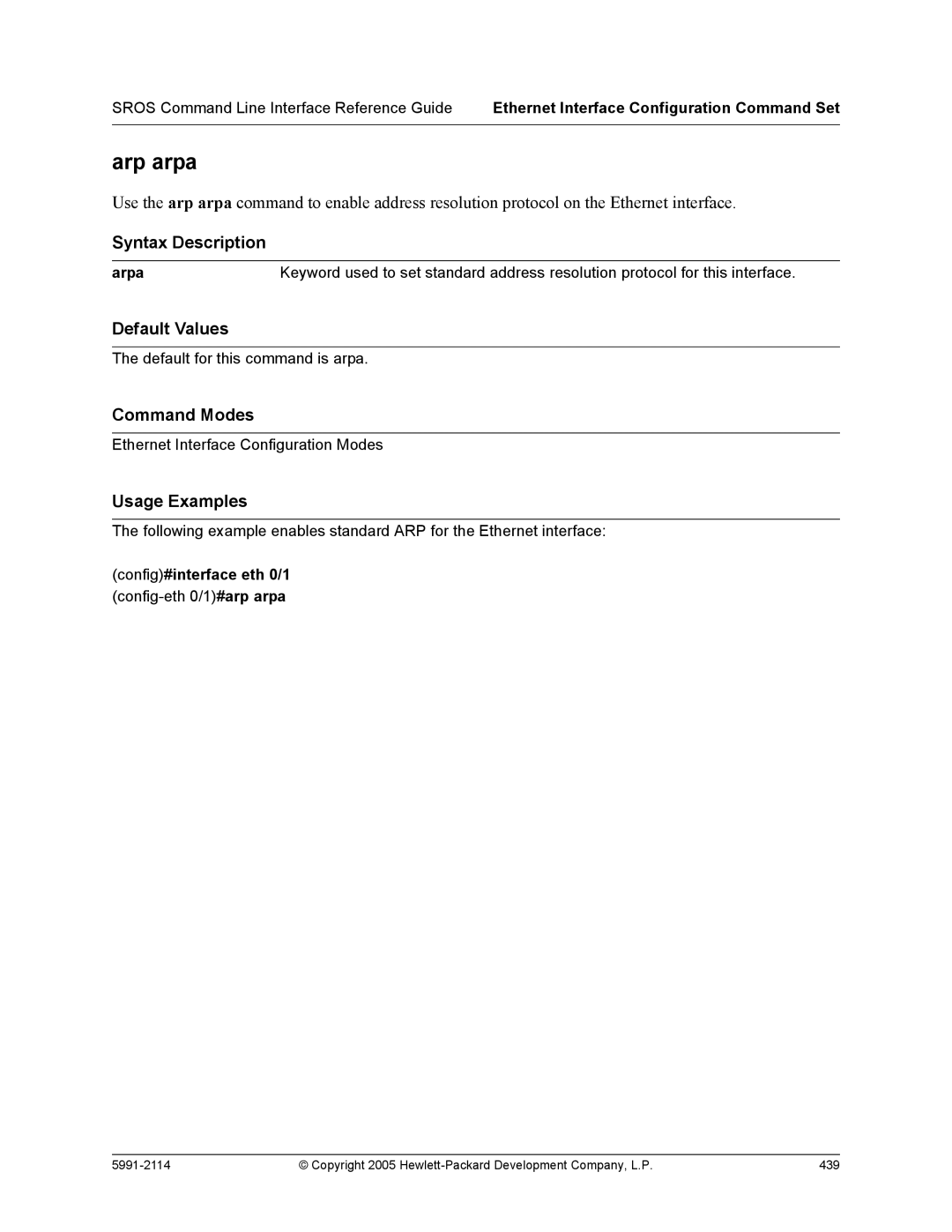 HP 7000 dl Router manual Arp arpa, Config#interface eth 0/1 config-eth 0/1#arp arpa 