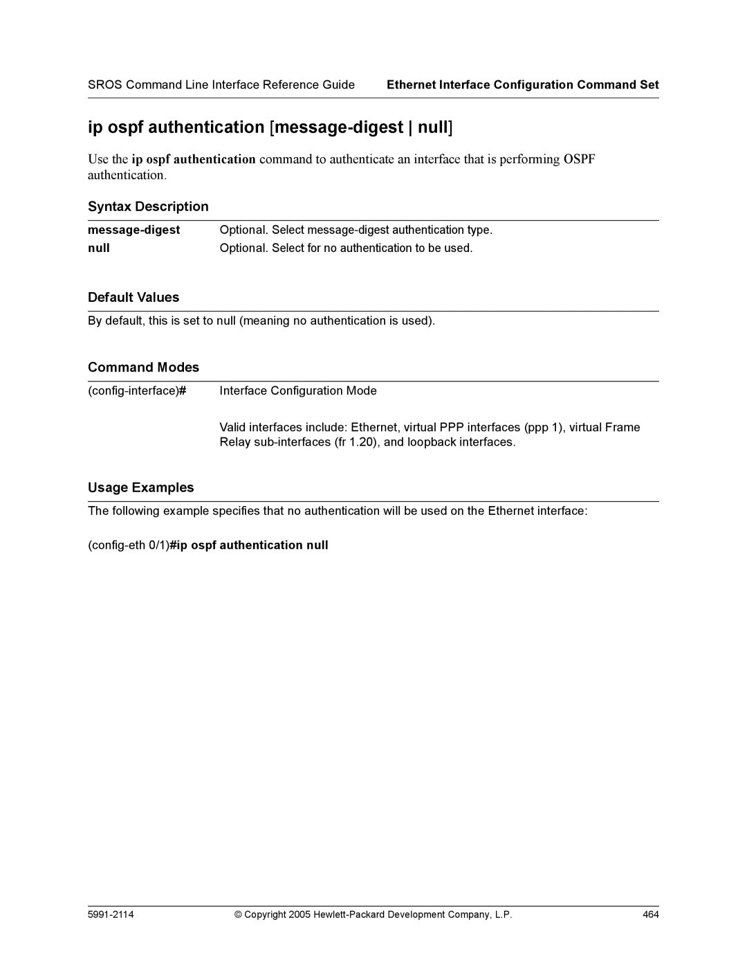 HP 7000 dl Router manual Ip ospf authentication message-digest null, Message-digest, Null 