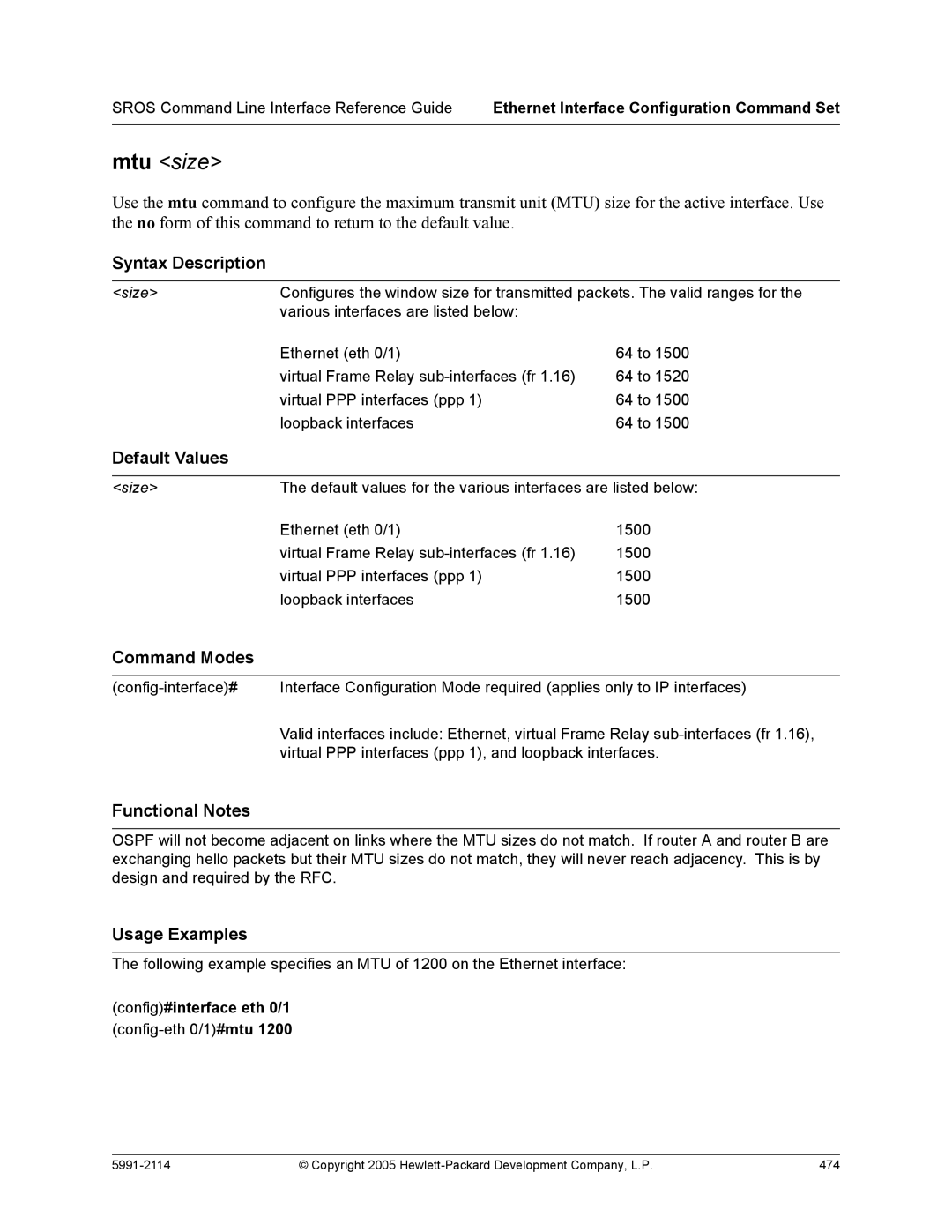 HP 7000 dl Router manual Mtu size, Config#interface eth 0/1 config-eth 0/1#mtu 