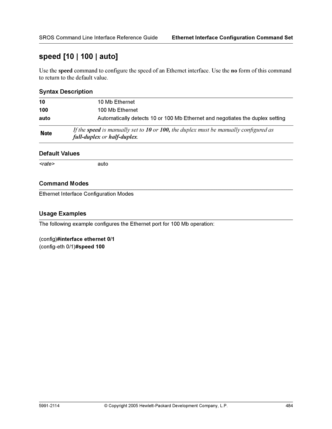 HP 7000 dl Router manual Speed 10 100 auto, Mb Ethernet, Config#interface ethernet 0/1 config-eth 0/1#speed 