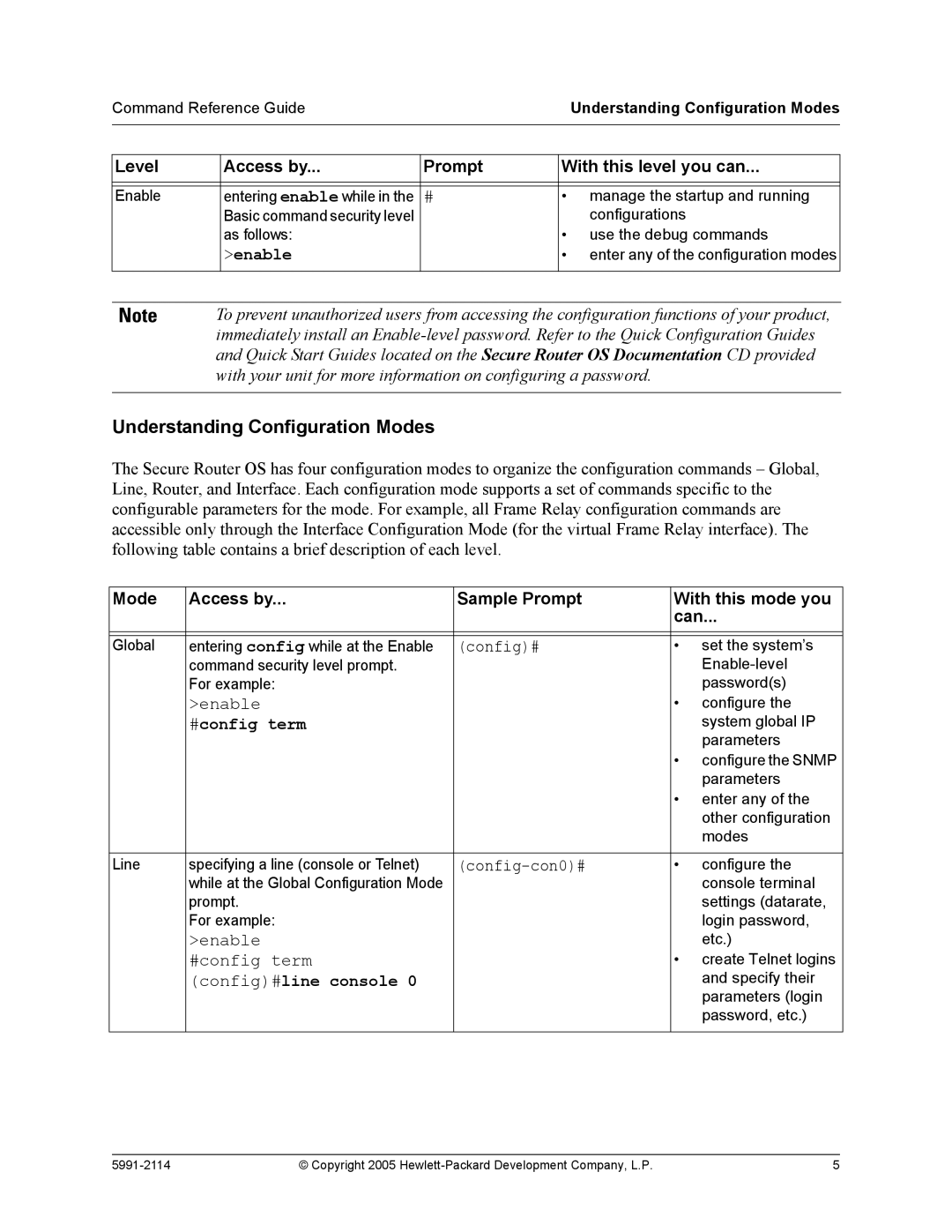 HP 7000 dl Router manual Enable, Command Reference GuideUnderstanding Configuration Modes 