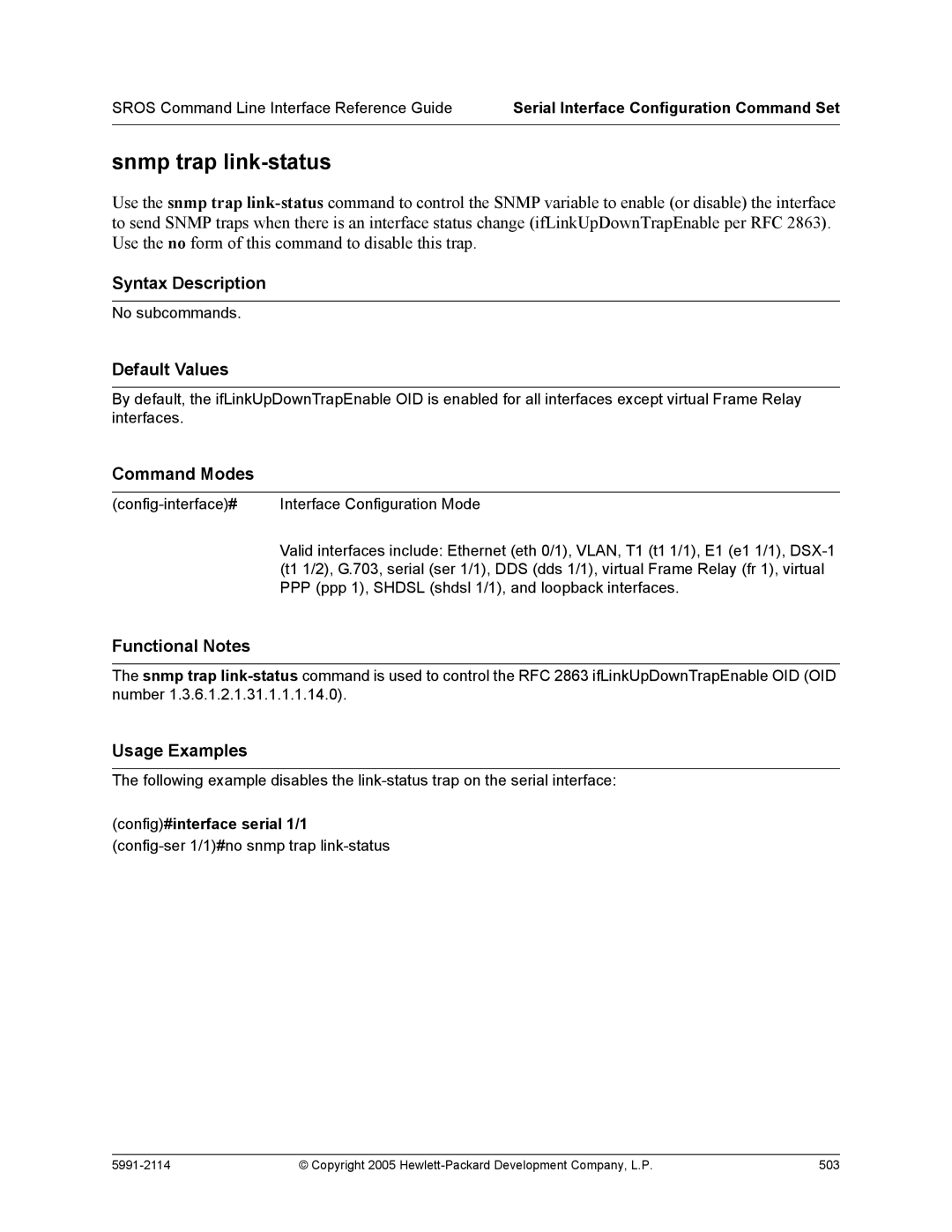 HP 7000 dl Router manual Config-ser 1/1#no snmp trap link-status 