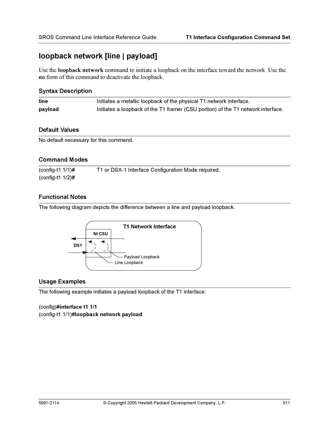 HP 7000 dl Router manual Loopback network line payload, T1 Network Interface 