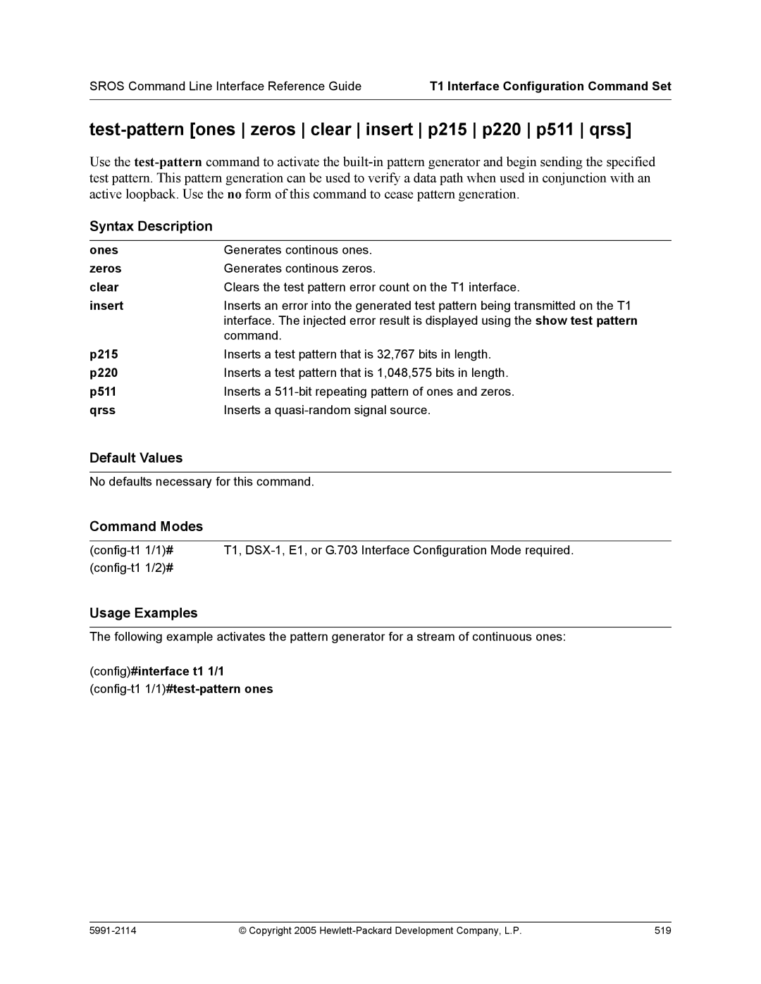 HP 7000 dl Router manual Test-pattern ones zeros clear insert p215 p220 p511 qrss 