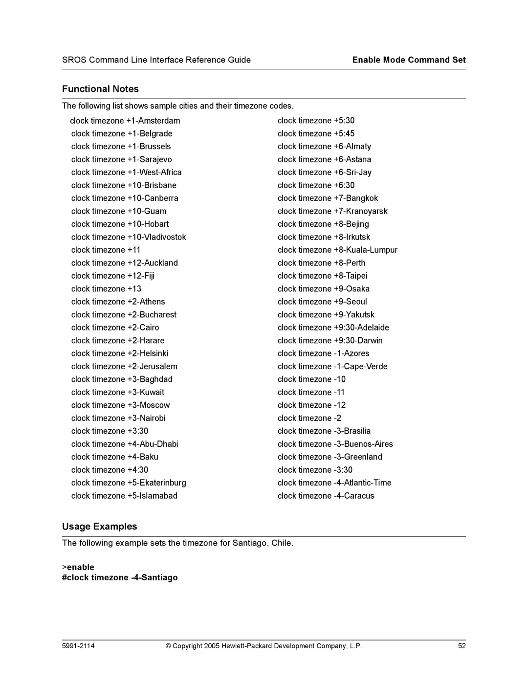 HP 7000 dl Router manual Following list shows sample cities and their timezone codes, Enable #clock timezone -4-Santiago 