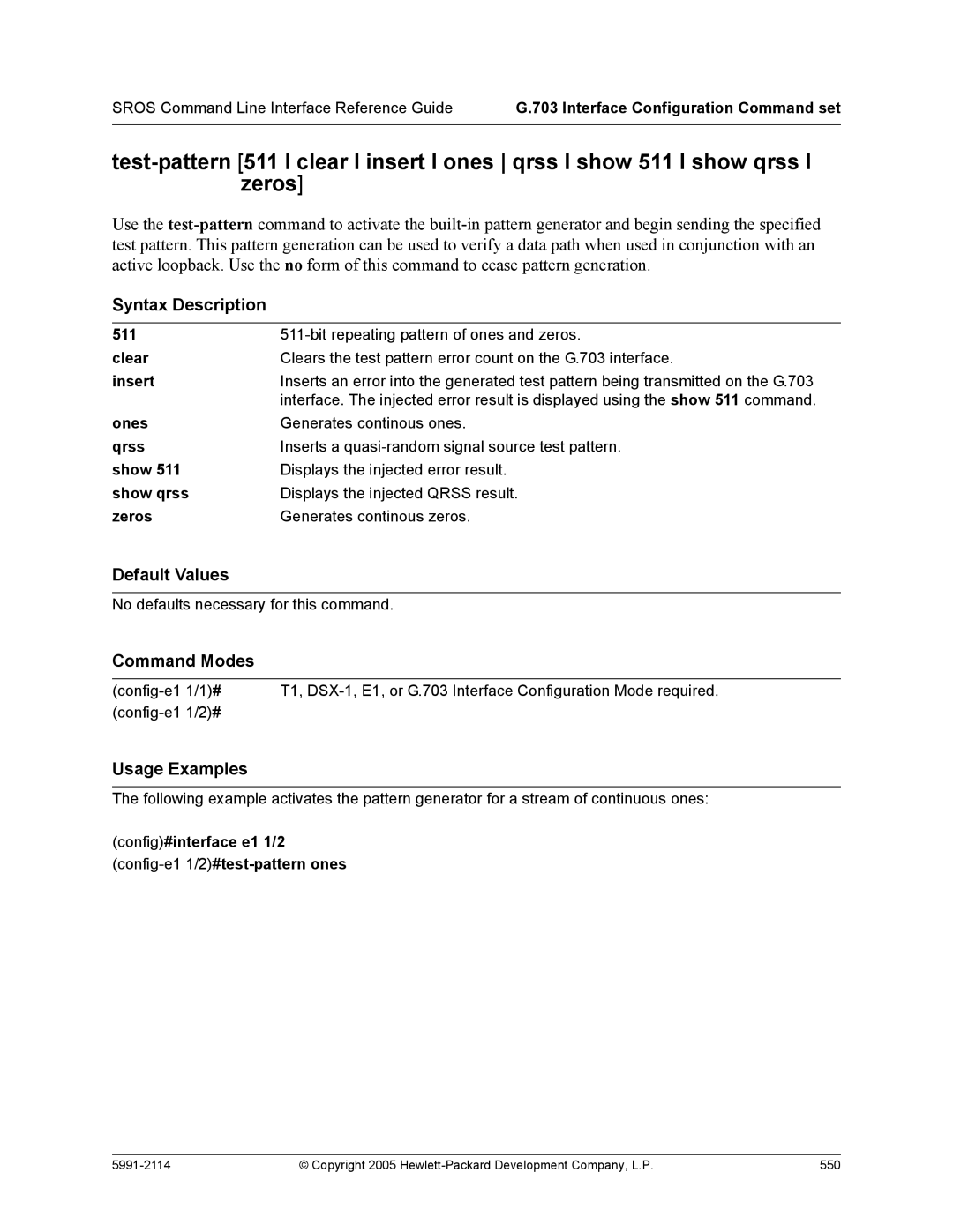 HP 7000 dl Router manual 511, Show qrss, Config#interface e1 1/2 config-e11/2#test-pattern ones 