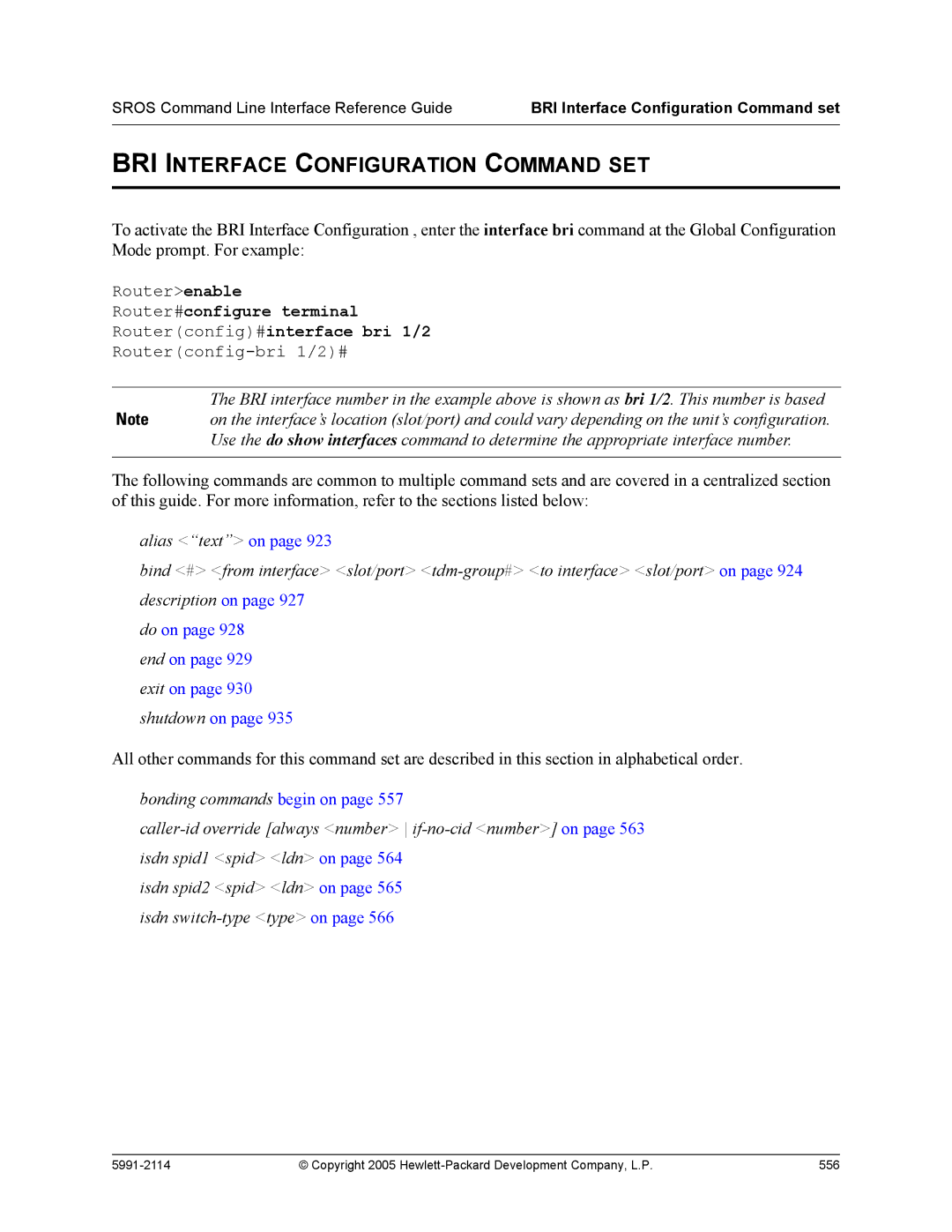 HP 7000 dl Router manual BRI Interface Configuration Command SET, BRI Interface Configuration Command set 