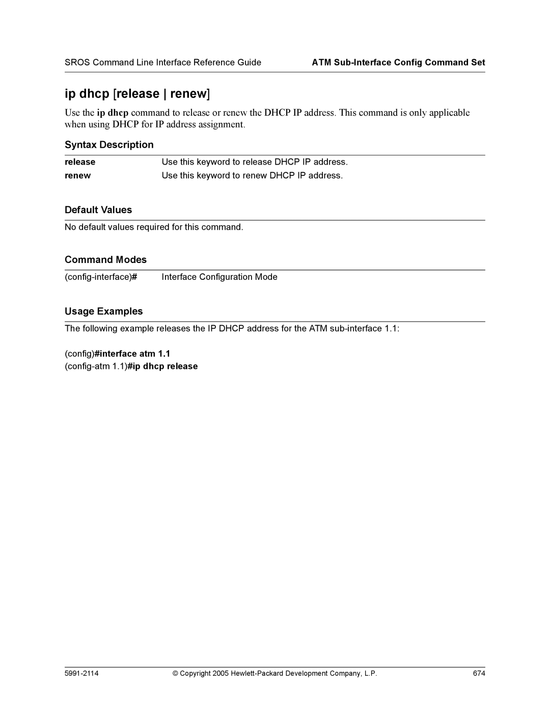 HP 7000 dl Router manual Ip dhcp release renew, Config#interface atm 1.1 config-atm 1.1#ip dhcp release 