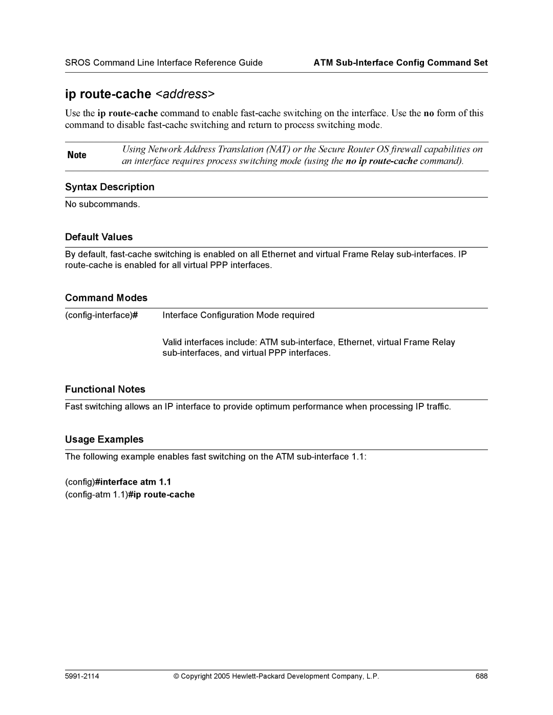 HP 7000 dl Router manual Ip route-cache address, Config#interface atm 1.1 config-atm 1.1#ip route-cache 