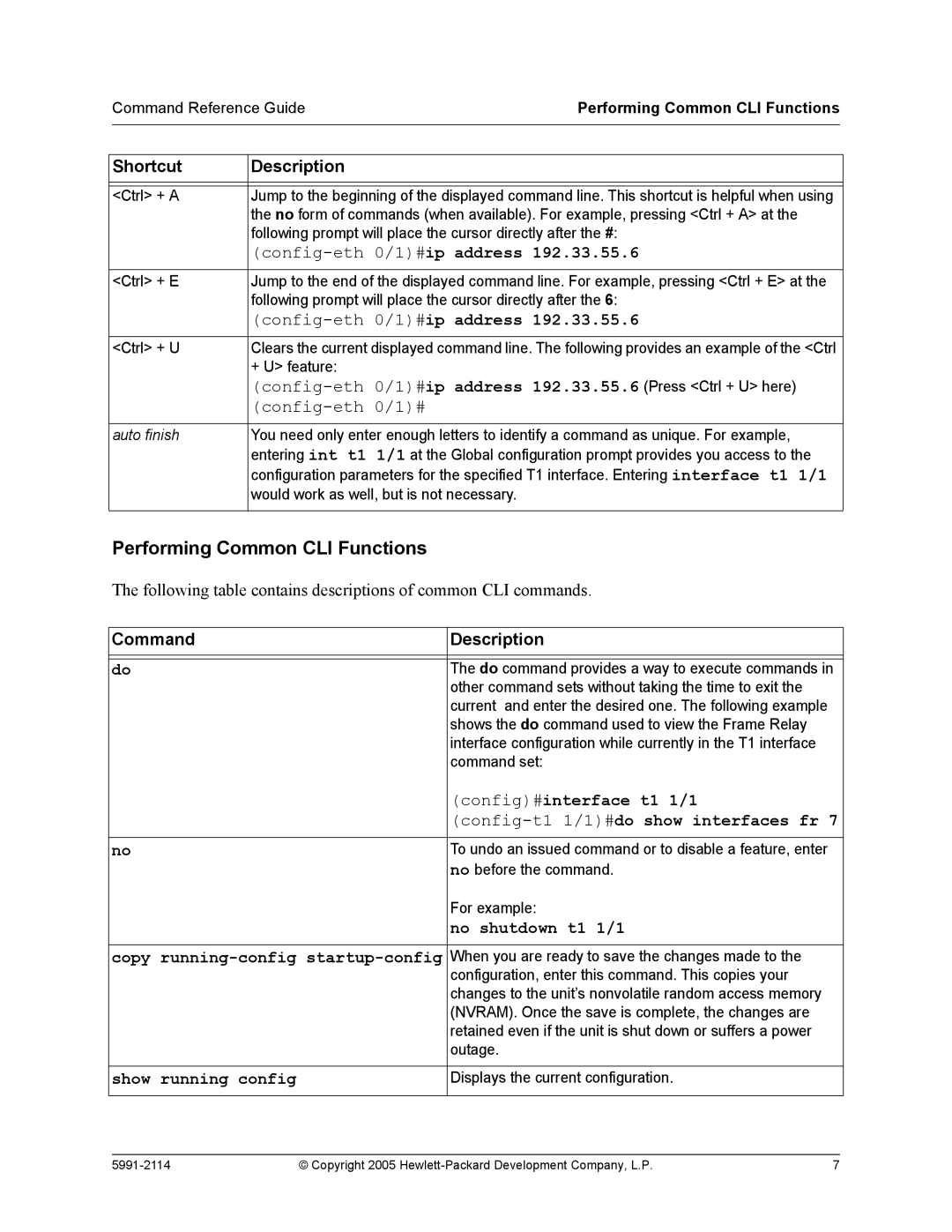 HP 7000 dl Router manual Config-eth 0/1#ip address, Command Reference GuidePerforming Common CLI Functions 