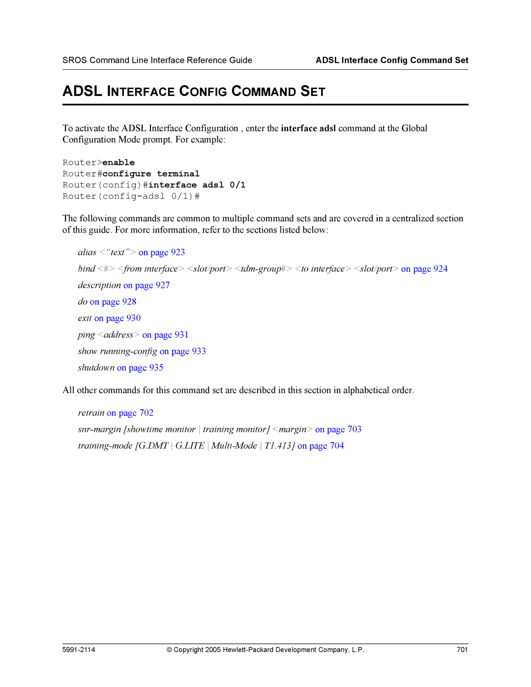 HP 7000 dl Router manual Adsl Interface Config Command SET, Adsl Interface Config Command Set 