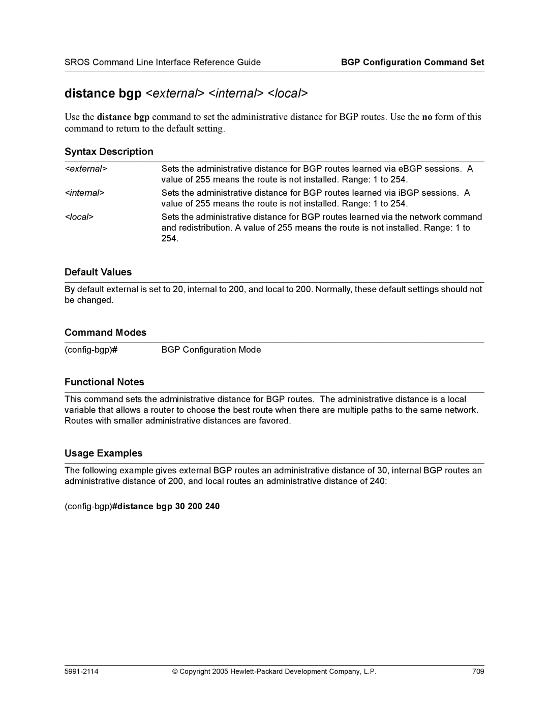 HP 7000 dl Router manual Distance bgp external internal local, Config-bgp#distance bgp 30 200 