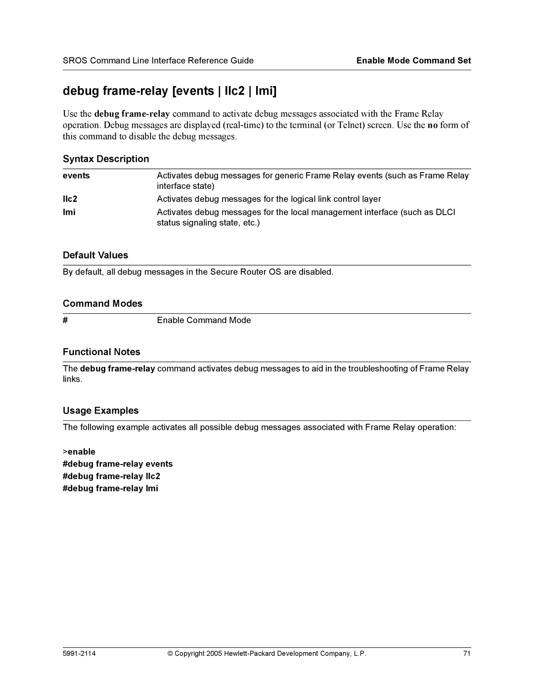 HP 7000 dl Router manual Debug frame-relay events llc2 lmi, Events, Llc2, Lmi 