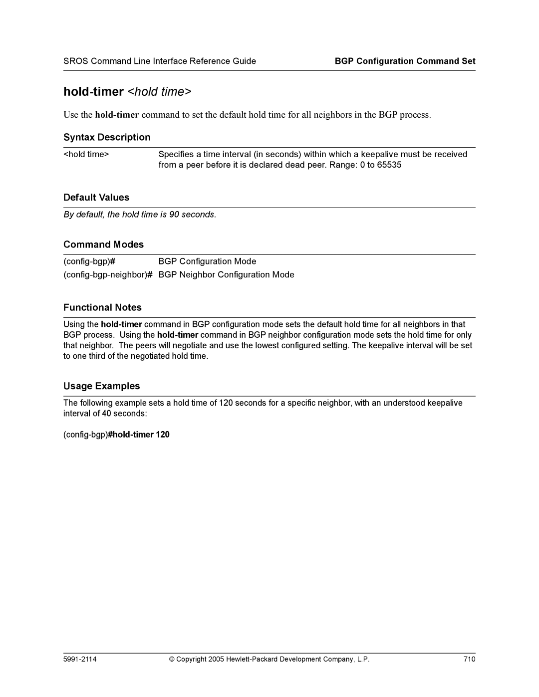 HP 7000 dl Router manual Hold-timer hold time, Config-bgp#hold-timer 