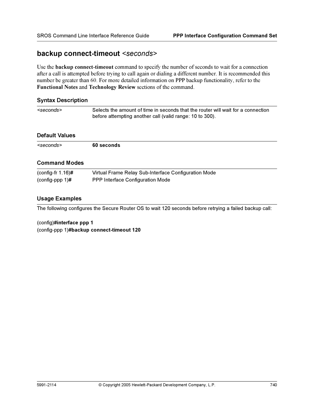 HP 7000 dl Router manual Backup connect-timeout seconds, Config#interface ppp Config-ppp 1#backup connect-timeout 