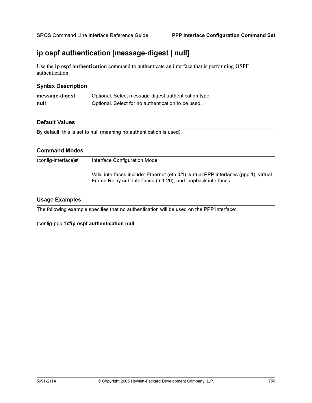 HP 7000 dl Router manual Ip ospf authentication message-digest null, Config-ppp 1#ip ospf authentication null 