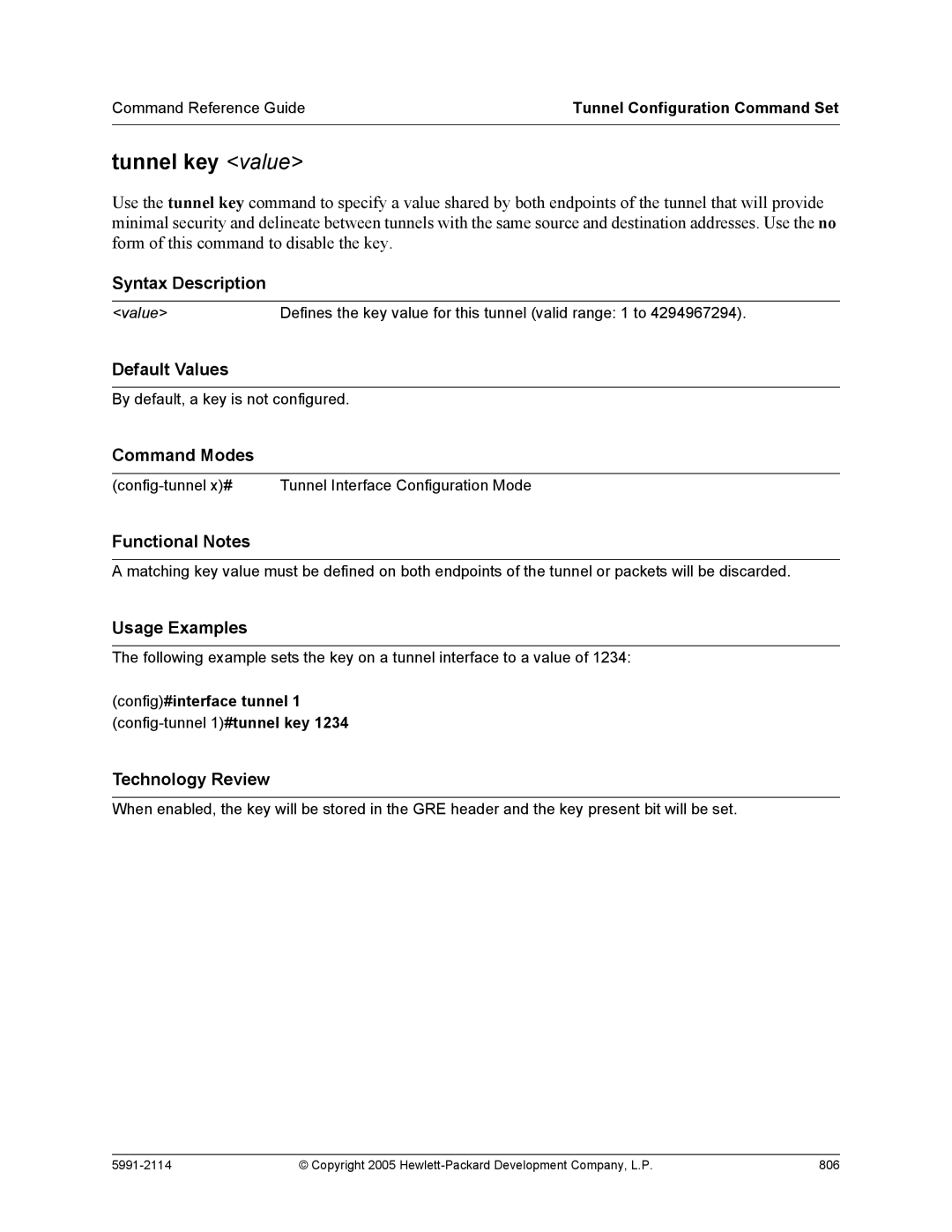HP 7000 dl Router manual Tunnel key value, Config#interface tunnel 1 config-tunnel 1#tunnel key 