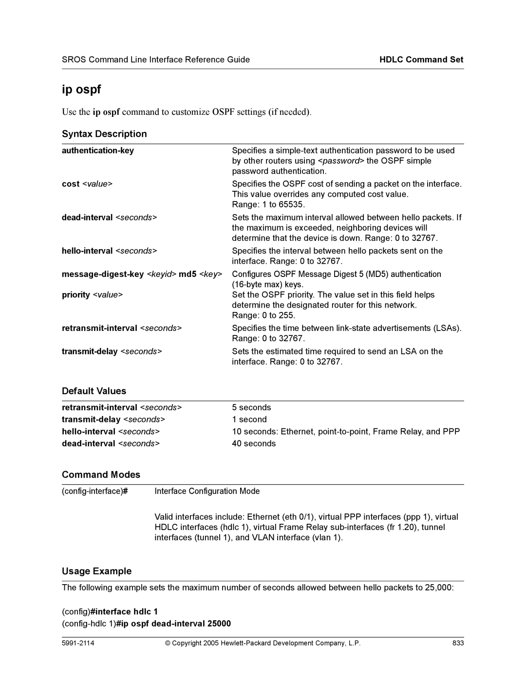 HP 7000 dl Router manual Ip ospf, Config#interface hdlc Config-hdlc 1#ip ospf dead-interval 