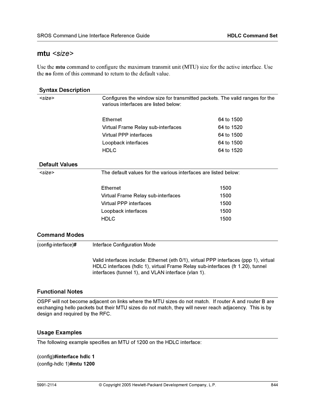 HP 7000 dl Router manual Config-interface# Interface Configuration Mode, Config#interface hdlc 1 config-hdlc 1#mtu 