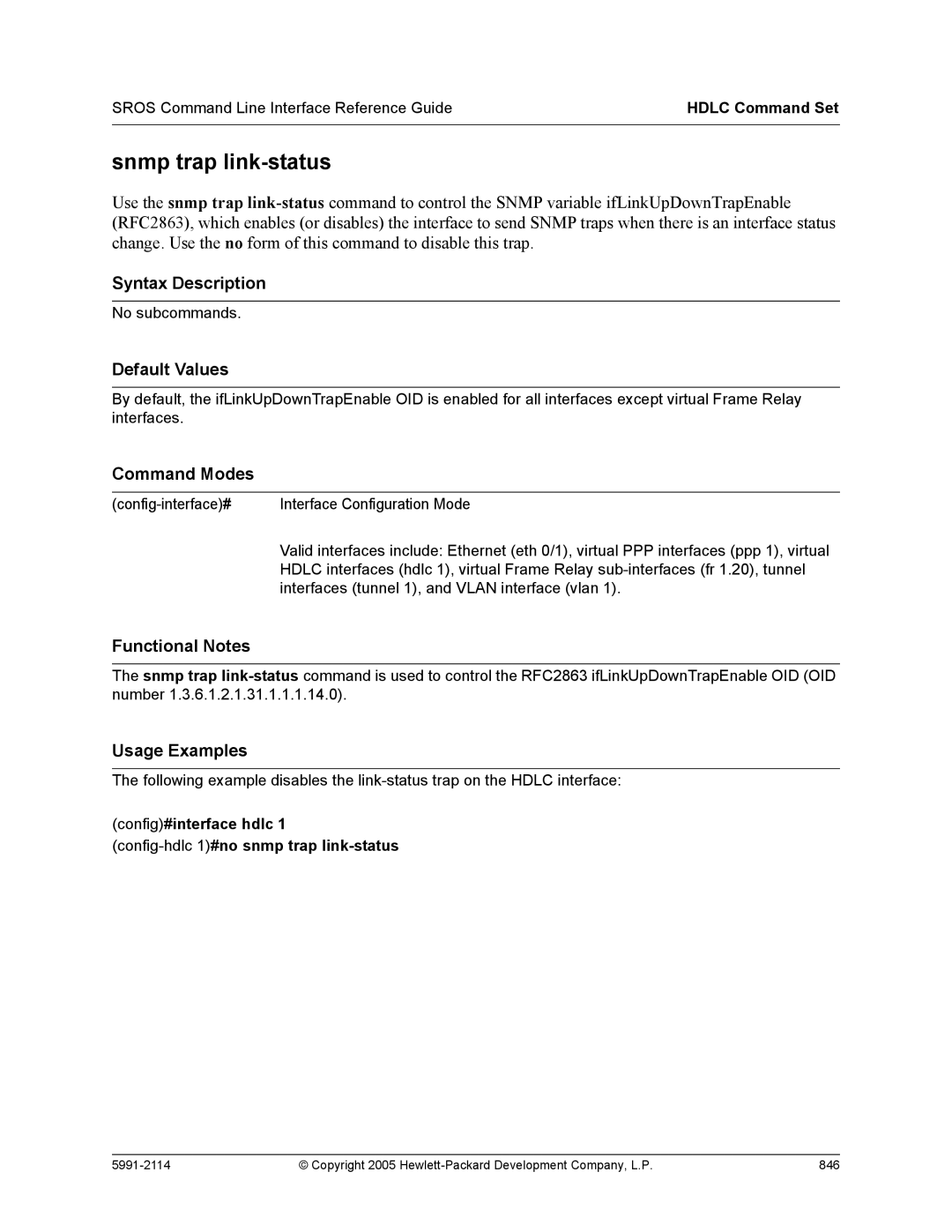 HP 7000 dl Router manual Config#interface hdlc Config-hdlc 1#no snmp trap link-status 