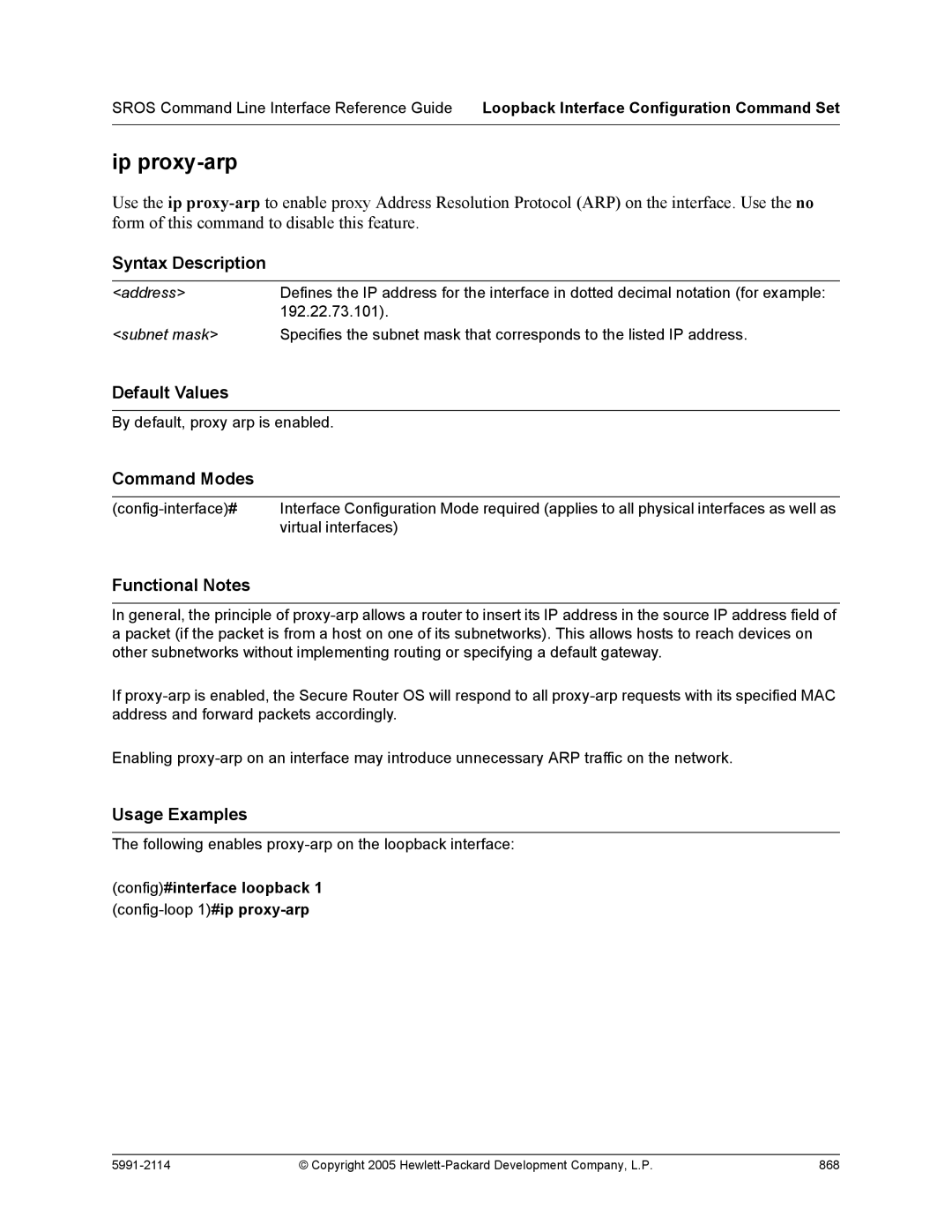 HP 7000 dl Router manual Following enables proxy-arp on the loopback interface 