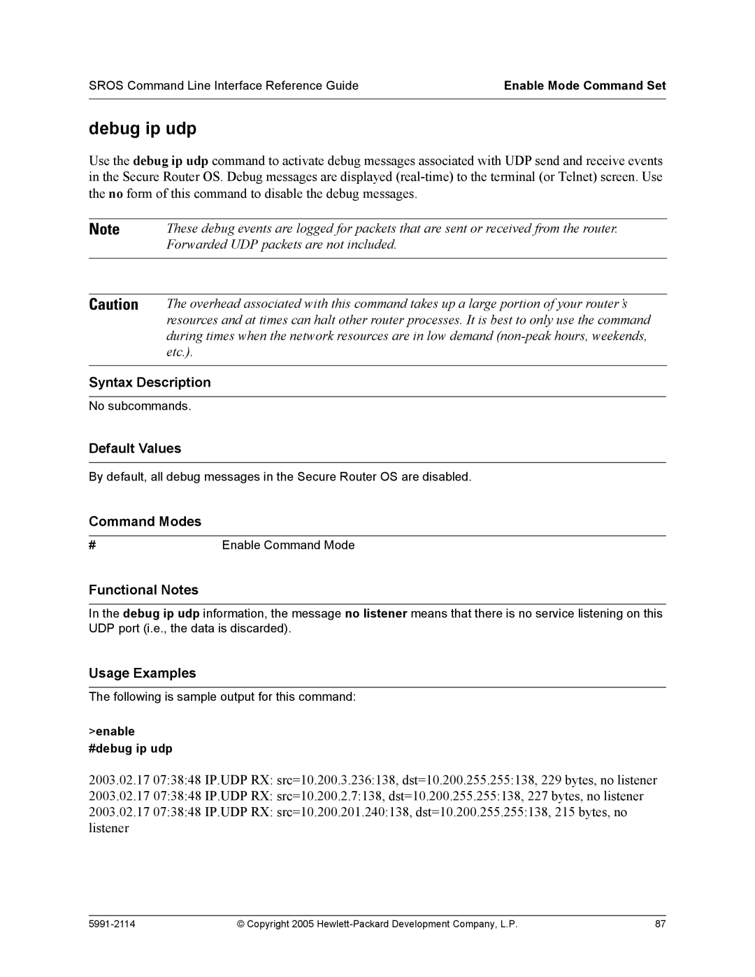 HP 7000 dl Router manual Debug ip udp, Enable #debug ip udp 