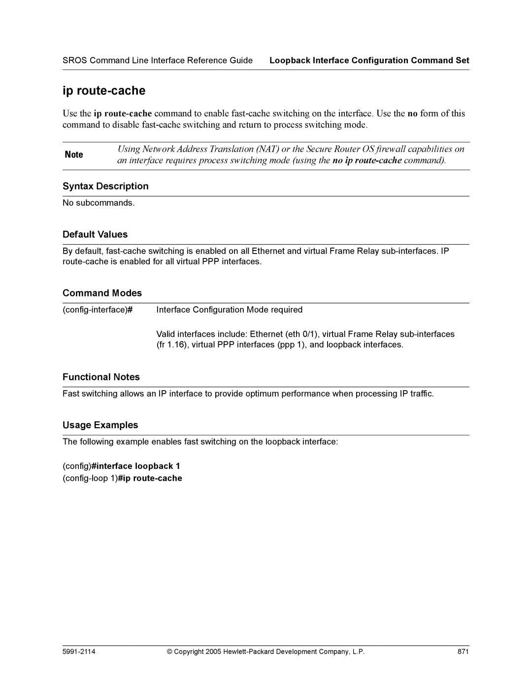 HP 7000 dl Router manual Ip route-cache, Config#interface loopback 1 config-loop 1#ip route-cache 