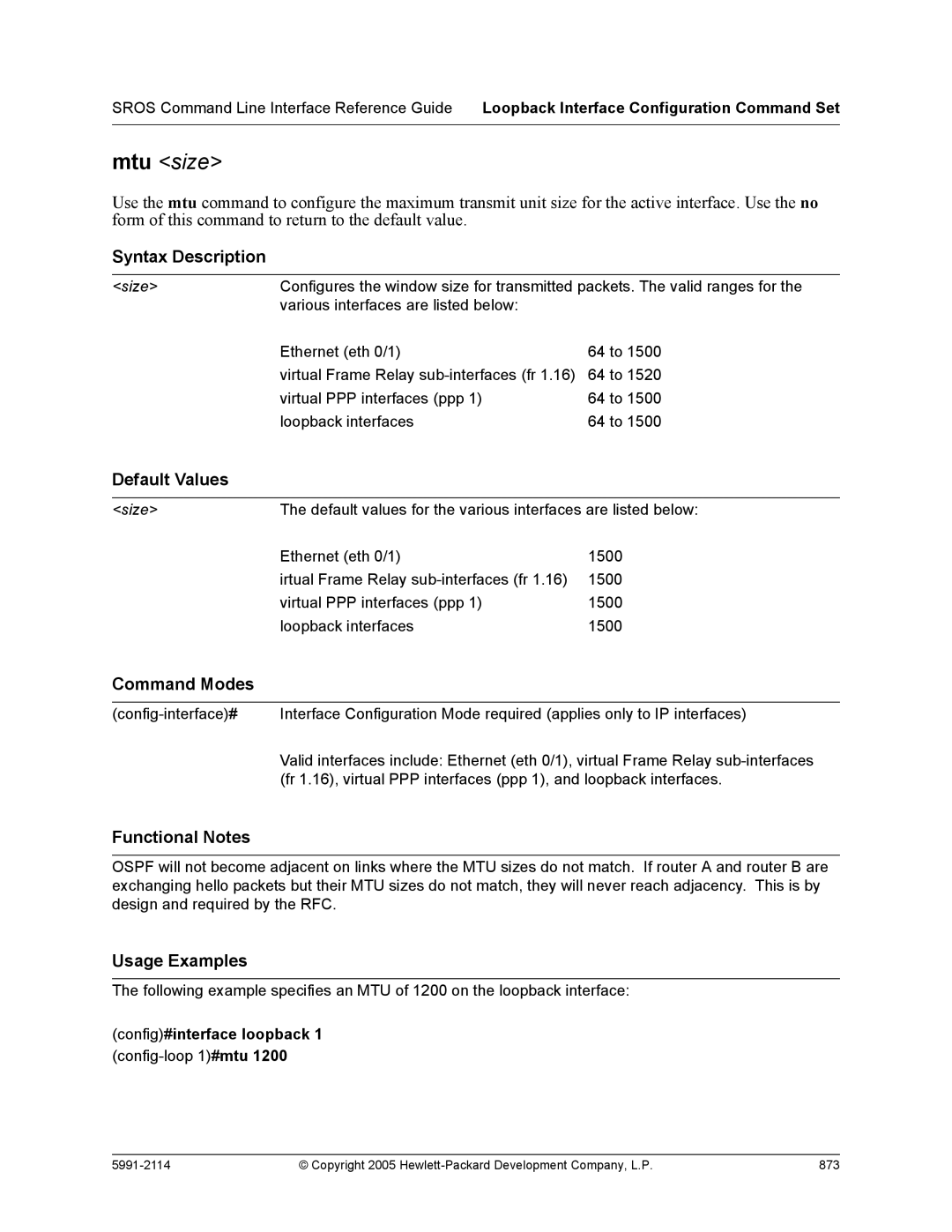 HP 7000 dl Router manual Mtu size, Config#interface loopback 1 config-loop 1#mtu 