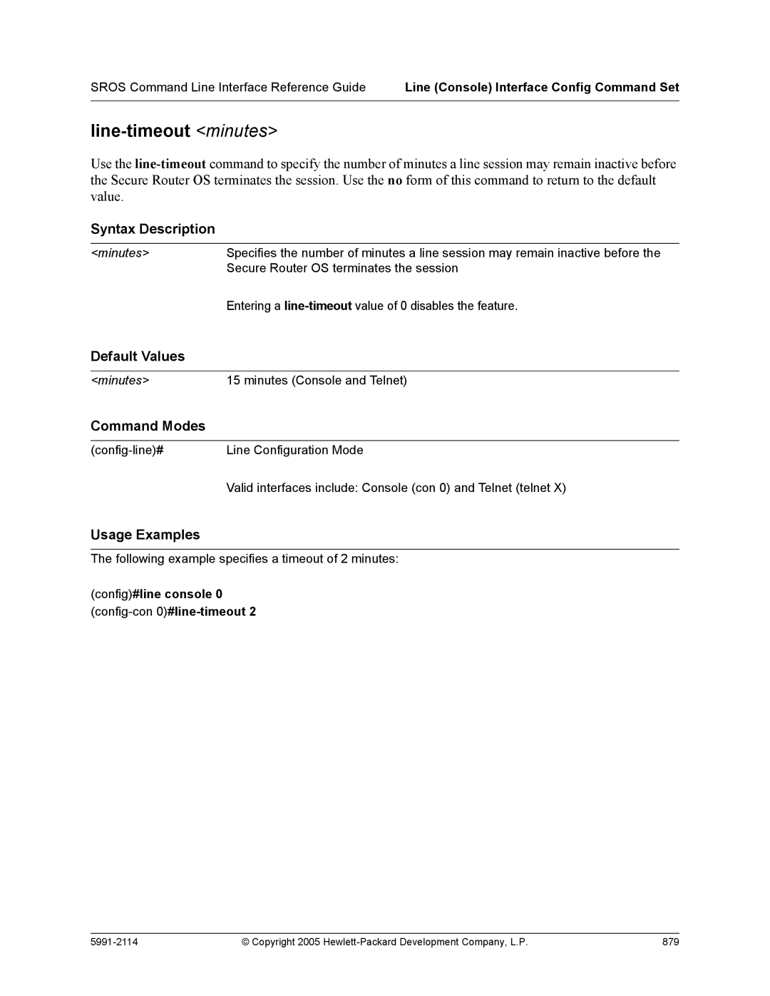 HP 7000 dl Router manual Line-timeout minutes, Config#line console 