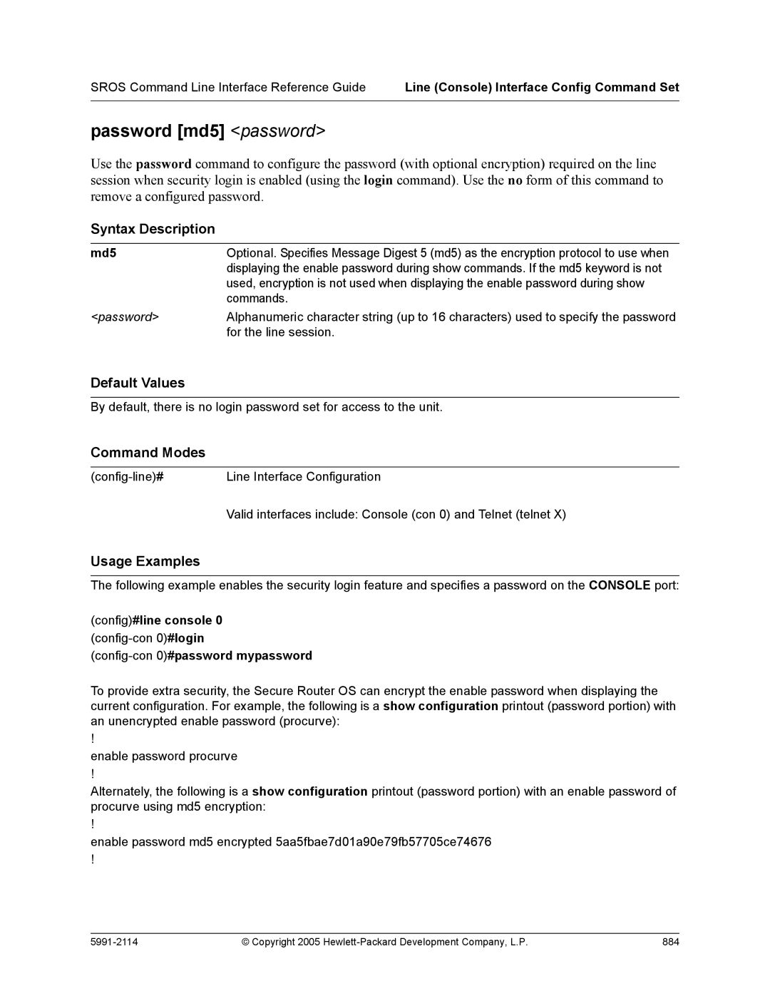 HP 7000 dl Router manual Password md5 password, Config-con 0#password mypassword 