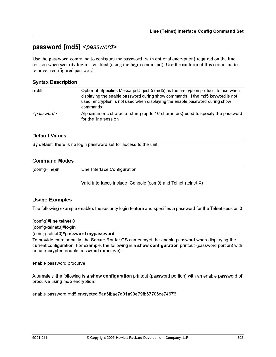 HP 7000 dl Router manual Password md5 password, Config#line telnet 