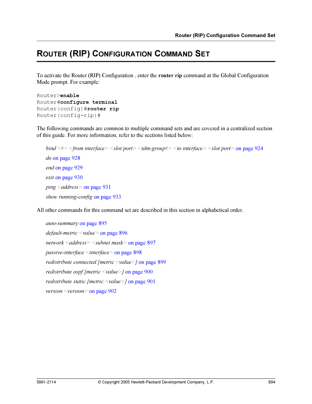 HP 7000 dl Router manual Router RIP Configuration Command SET, Router RIP Configuration Command Set 