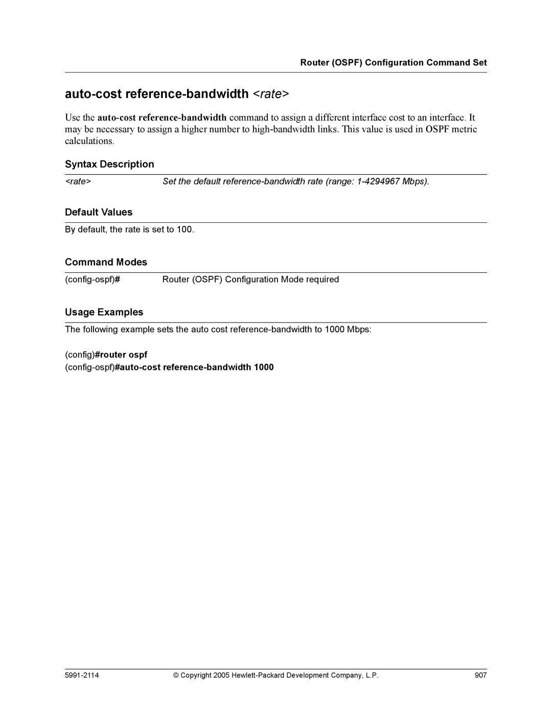 HP 7000 dl Router manual Auto-cost reference-bandwidth rate, Config#router ospf Config-ospf#auto-cost reference-bandwidth 