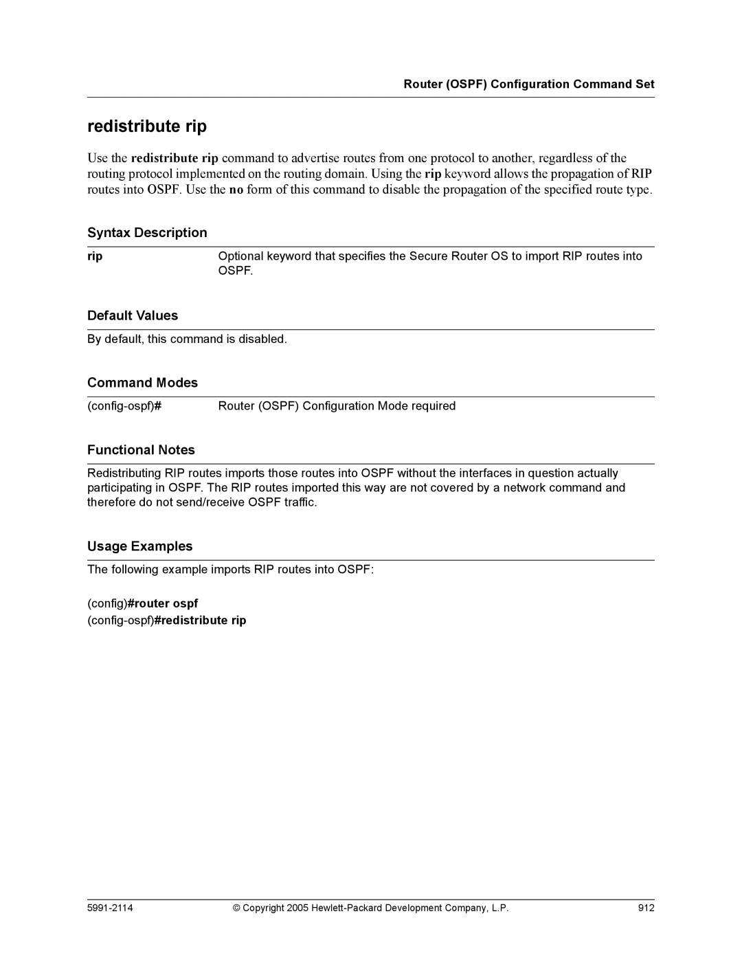 HP 7000 dl Router manual Redistribute rip, Config#router ospf config-ospf#redistribute rip 