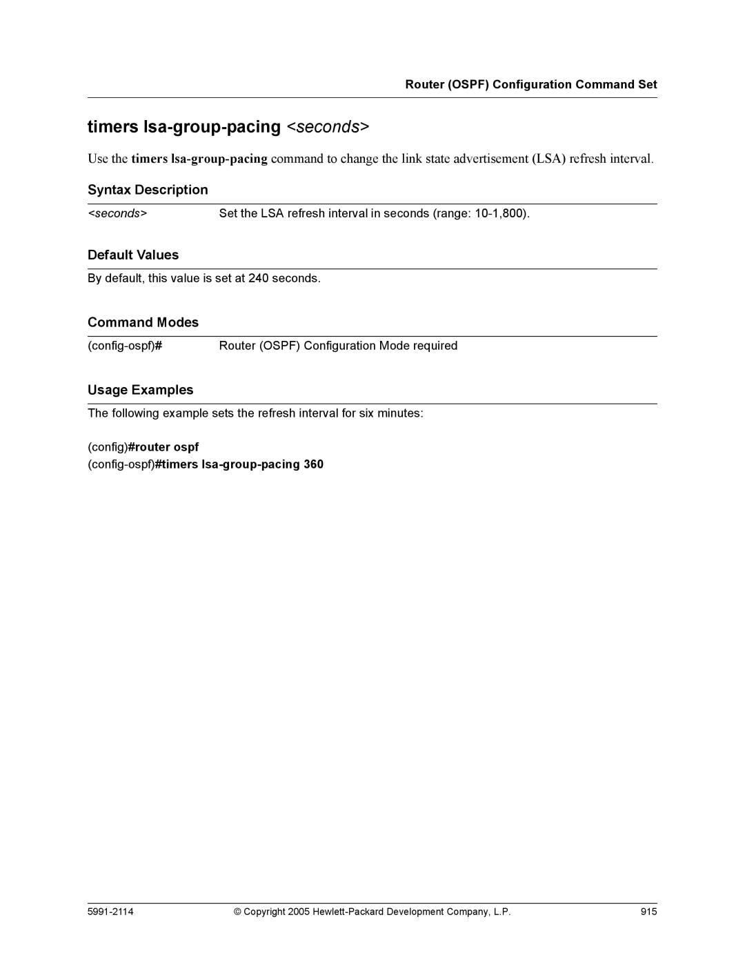 HP 7000 dl Router manual Timers lsa-group-pacing seconds 