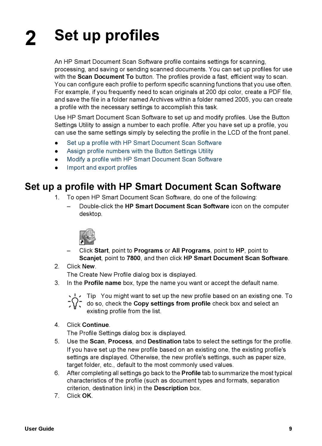 HP 7000 Document manual Set up profiles, Set up a profile with HP Smart Document Scan Software, Click Continue 