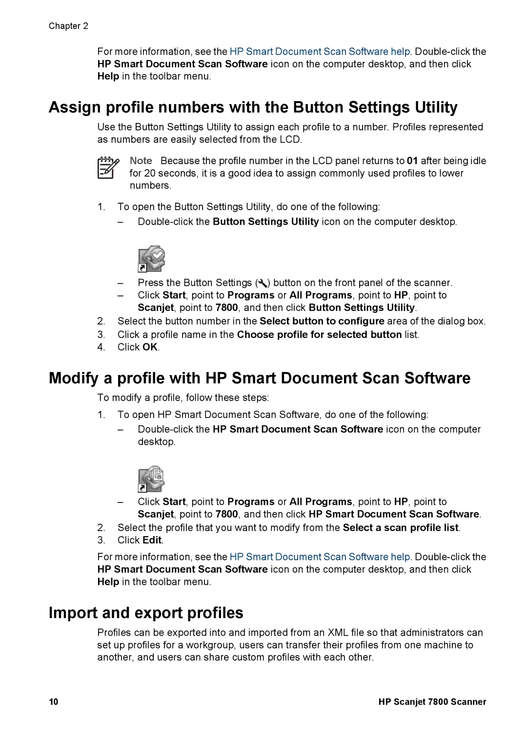 HP 7000 Document manual Assign profile numbers with the Button Settings Utility, Import and export profiles 